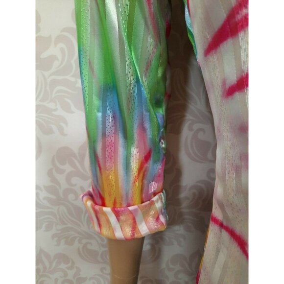 Vintage 90s Tie Dye Print Sheer Shimmery Blouse Size S White Button Front - Picture 6 of 12